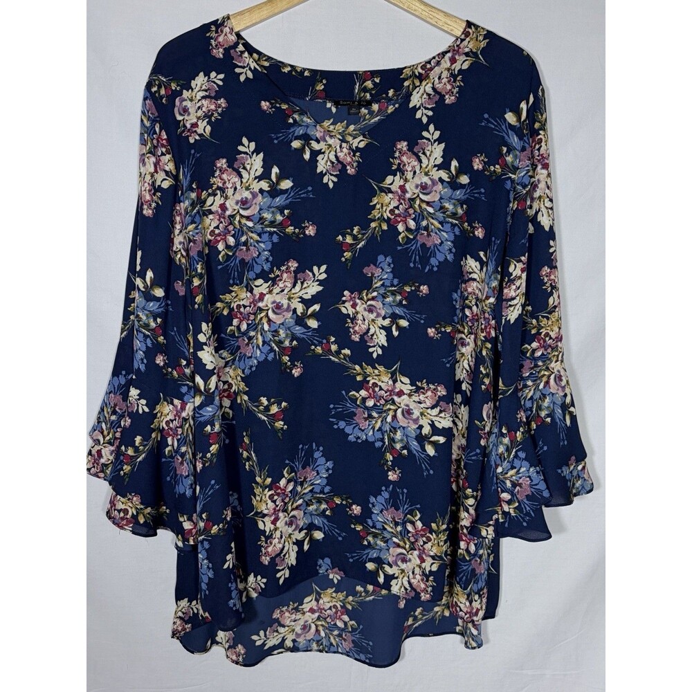 Sami & Jo Plus Navy Blue Floral Blouse V-Neck Bell Flare 3/4 Sleeves 2X